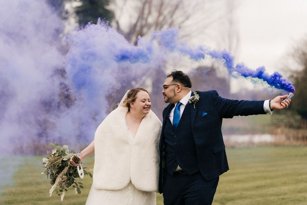 wedding portrait smoke bomb the old mill aldermaston